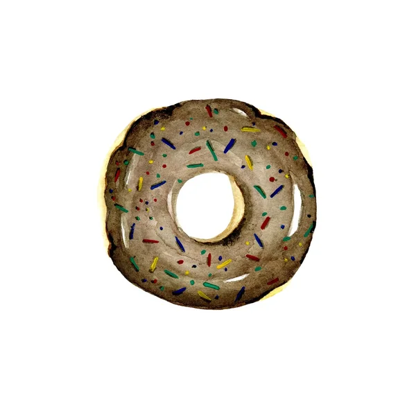 Ringdiagram. Akvarell donut. Donut med en choklad iskallt. Handritad realistiska färgglada bakverk. Ringdiagram kan användas för kort, vykort, bröllop kort, inbjudan, födelsedagskort, meny, recept — Stockfoto