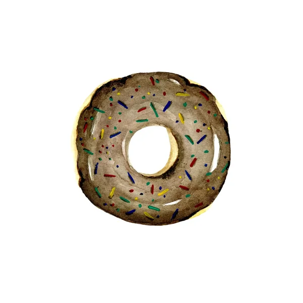 Un beignet. Donut à l'aquarelle. Donut au chocolat glacé. Pâtisserie colorée réaliste dessinée à la main. Le beignet peut être utilisé pour carte, carte postale, carte de mariage, invitation, carte d'anniversaire, menu, recette — Photo