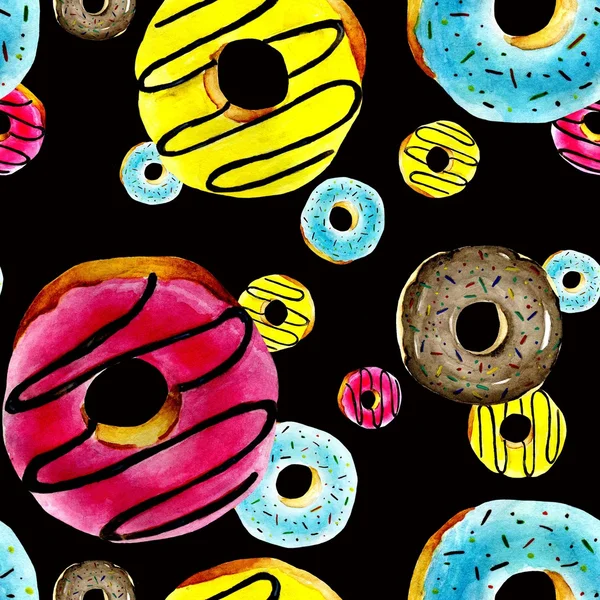 Sorunsuz çörek. Arka plan ile suluboya çörek. Arka plan ile Amerikan renkli çörekler. Siyah arka plan üzerine pembe, mavi, sarı ve çikolatalı çörek suluboya.