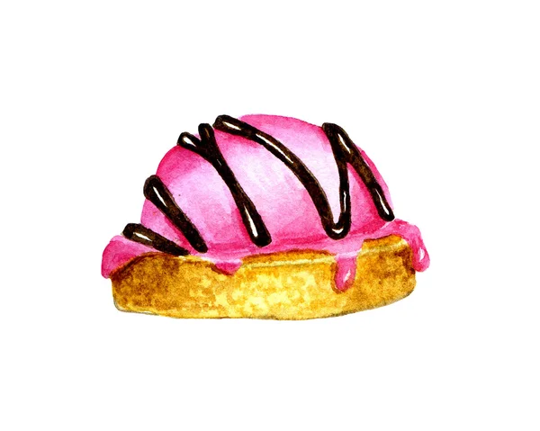 Bakelse med fyllning. Akvarell cookies med rosa glasyr. Isolerade kakor med choklad dekoration. Cookies fylla kan användas på vykort, inbjudningar och menyer. — Stockfoto