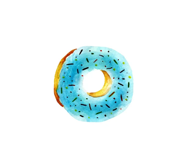 Donut con una rosquilla de acuarela de hielo azul. Pastelería dibujada a mano. Donut aislado. La rosquilla colorida se puede utilizar para la tarjeta, postal, tarjeta de la boda, invitación, cumpleaños —  Fotos de Stock