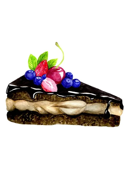 Акварельна ілюстрація шоколадного торта з вишнями на білому тлі. Шматочок торта з полуницею. Шматочок торта з шоколадною глазур'ю та чорницею. Торт з кавовим кремом . — стокове фото