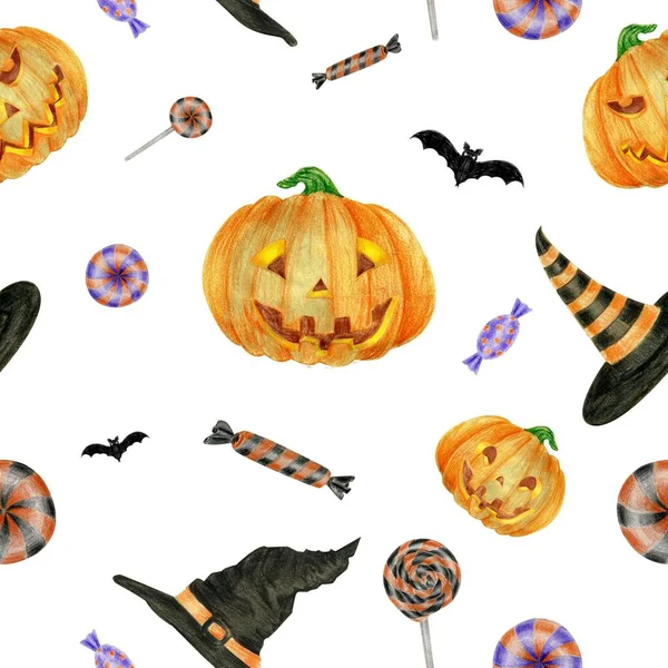 Halloween sem costura padrão com um morcego e um em um fundo branco. Para imprimir tecido, papel de parede, embalagem, papel de embrulho, cartões de felicitações e convites. — Fotografia de Stock