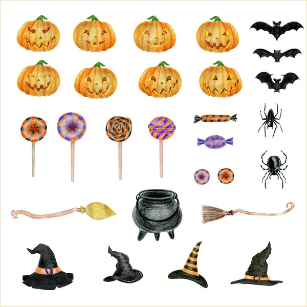 Ilustrações de elementos isolados para Hallween: abóbora, morcego, panela, doces, chapéu de bruxa, aranha — Fotografia de Stock