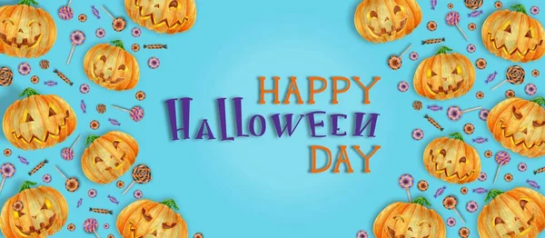 Halloween Poster com doces de Halloween e laranja abóbora Halloween. Cartas Feliz Dia das Bruxas — Fotografia de Stock