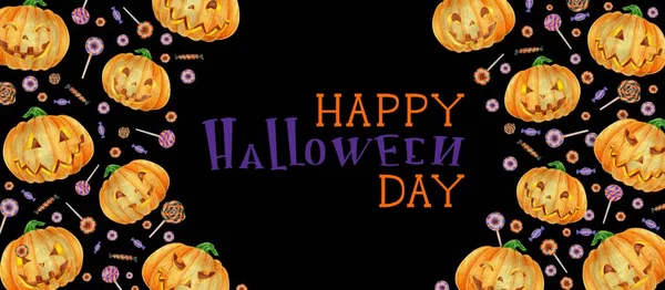 Halloween Poster com doces de Halloween e laranja abóbora Halloween. Cartas Feliz Dia das Bruxas — Fotografia de Stock