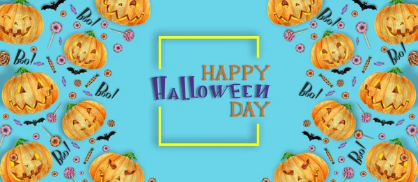 Halloween Affisch med Halloween godis och Halloween pumpa orange. Brev Happy Halloween Day — Stockfoto