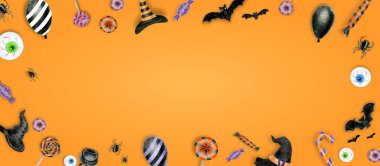 Cadılar Bayramı arka planı. Şeker mi şaka mı konsepti. Cadılar Bayramı balkabakları arka planda. Kopyalama alanı olan parti.