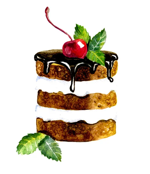 Isolierte Schokolade Aquarell Cupcake mit Kirsche. Handbemaltes Gebäck. Illustration. — Stockvektor