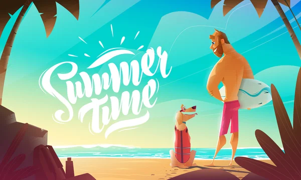 Hombre y perro en la playa . — Vector de stock