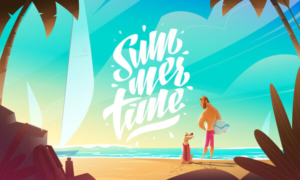 Man And Dog On Beach. 