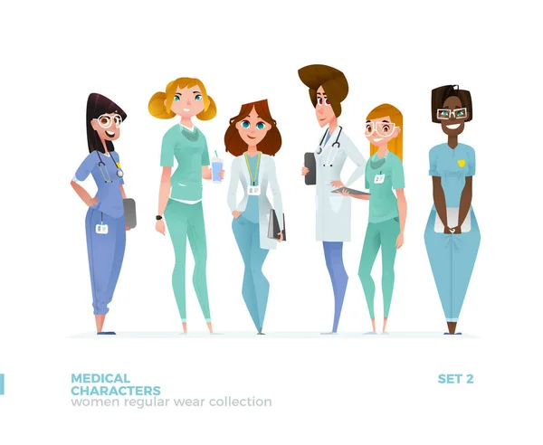 Ayakta Durmakta olan Tıbbi Kadın Karakterleri. — Stok Vektör