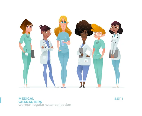 Personajes de las mujeres médicas en la postura de pie. — Vector de stock