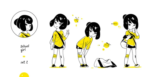 Colección School Girl Con Diferentes Posturas Conjunto Diseño Amarillo Negro — Vector de stock