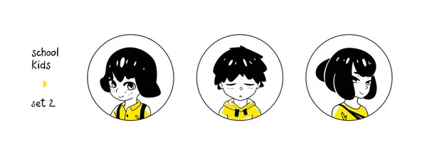 Black Yellow School Guys Design Set Avatars Collection Boy Girl — Stock Vector