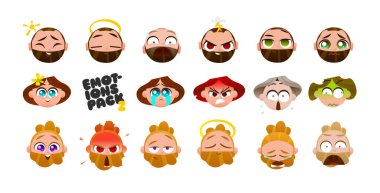 Sevimli Chibi Karakteri Duyguları İfade Eden Kafalar. Çıkartmalar, UI Görseller ve Yaratıcı Tasarım Projeleri için mükemmel. Çeşitli Çizgi Film İfadeleri için Vektör Resimleri Ayarlandı..