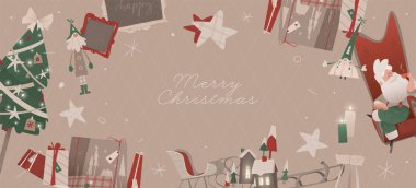 Noel Baba 'nın rahat bir koltukta rahatladığı, süslenmiş bir Noel ağacının yanında kahve içtiği, hediyeler, çelenkler ve süslü süslemeler olan mutlu noel kartları..