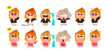 Joy, Öfke, Şok, Üzüntü, Aşk ve Sakinliği içeren Altı Duygu içeren Sevimli İş Kadını Karakteri. Animasyon, Web ve İllüstrasyon Projeleri İçin Tam Vücut Poz Veren Tarz Kadınları..