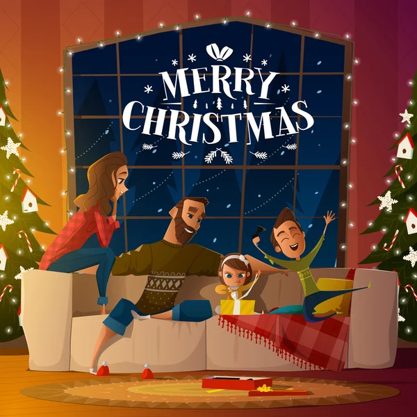 Feliz tarjeta de Navidad con la familia — Vector de stock