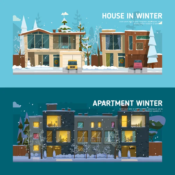 Dos casas familiares y pancartas de apartamentos — Vector de stock