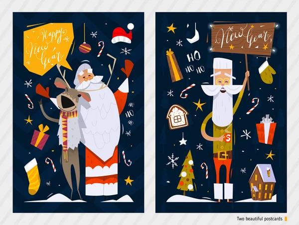 Feliz Natal e Feliz Ano Novo cartões postais —  Vetores de Stock