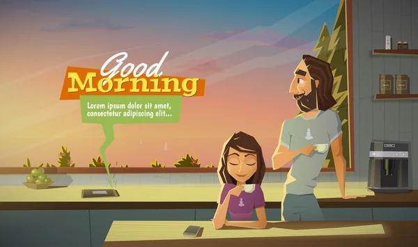 Buenos días, tomar café con la familia. — Vector de stock