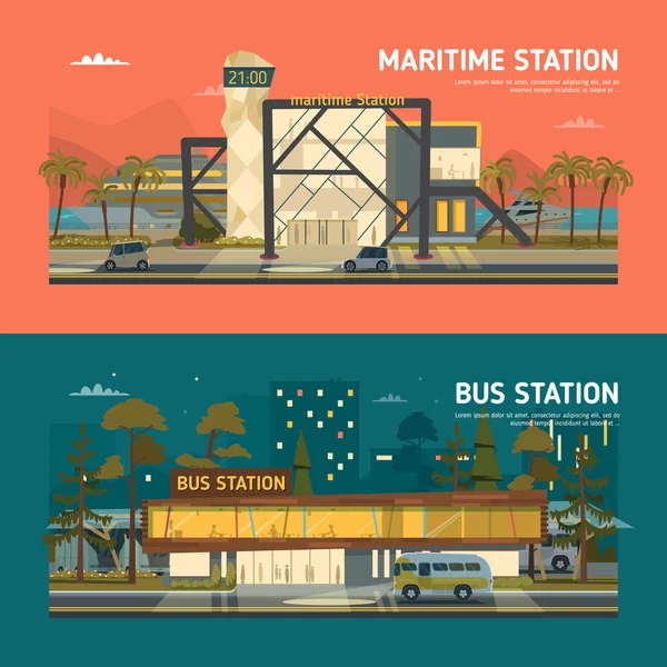 Bus, stazioni marittime. Versione diurna — Vettoriale Stock