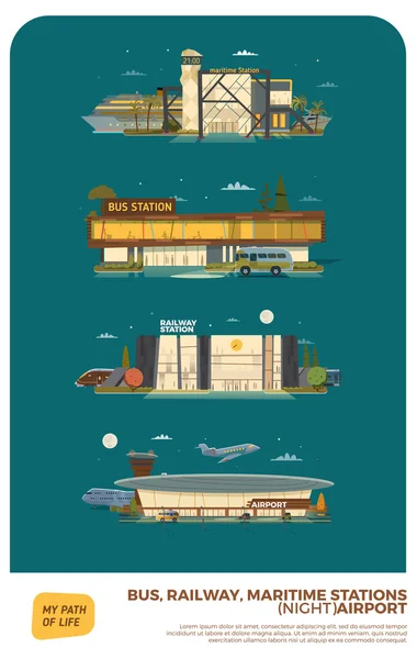 Bus, maritime, railway stations and airport. Daylight version — Stock Vector