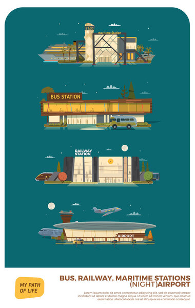 Bus, maritime, railway stations and airport. Daylight version