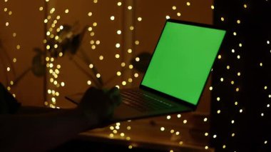 Perili loş bir odada elinde yeşil ekranlı dizüstü bilgisayar tutan kişi..