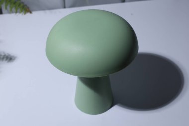 Tek, pürüzsüz, bilge, yeşil mantar biblosu temiz beyaz bir yüzeye oturur ve yumuşak bir gölge bırakır.