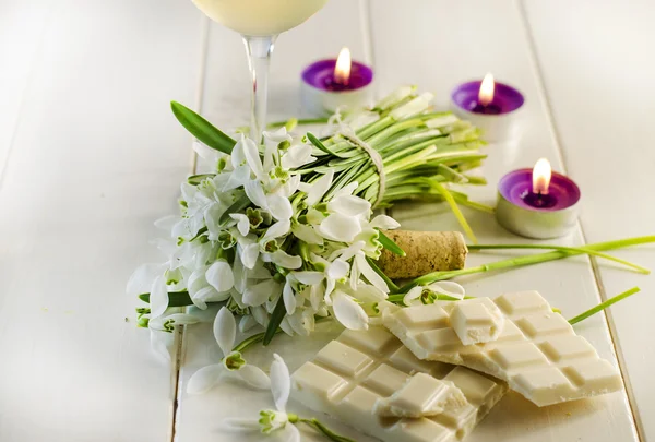 wine, white chocolate and flowers