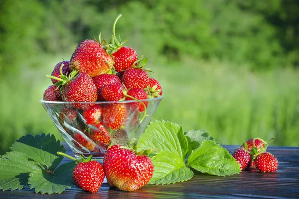 Ripe Strawberries Glass Vase Organic Berries Wooden Table — Stock Photo, Image