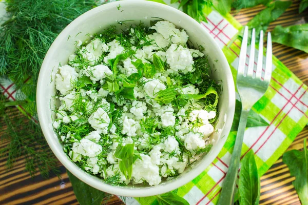 Fresh Cottage Cheese Spinach Herbs Diet Food — Stock Photo, Image