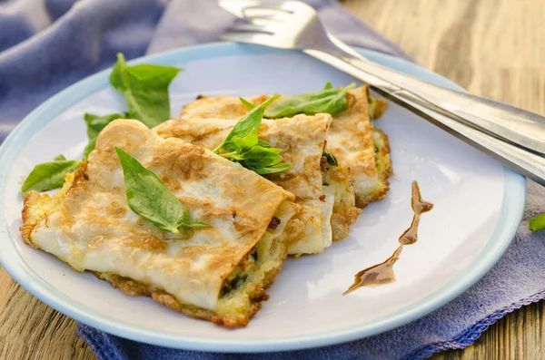 Fried Lavash Roll Cottage Cheese Spinach Herbs Plate — Stock Photo, Image