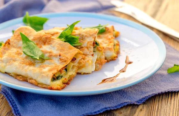 Fried Lavash Roll Cottage Cheese Spinach Herbs Plate — Stock Photo, Image