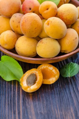 Tahta bir masada yaprakları olan taze, olgun organik kayısılar.