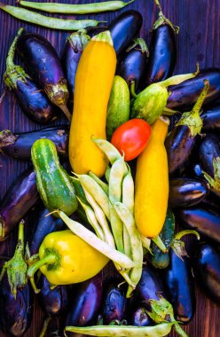 Çeşitli olgun çiğ sebzeler - patlıcan, kabak, salatalık, domates, fasulye, biber.