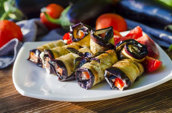 Snack Eggplant Roll Tomato Garlic Platter — Stock Photo, Image