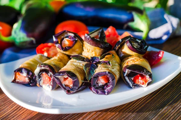 Snack Eggplant Roll Tomato Garlic Platter — Stock Photo, Image