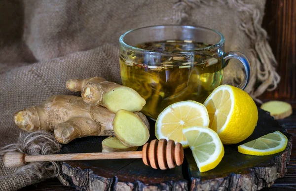 Θεραπεία Τσάι Από Βότανα Ένα Φλιτζάνι Λεμόνι Μέλι Και Τζίντζερ — Φωτογραφία Αρχείου