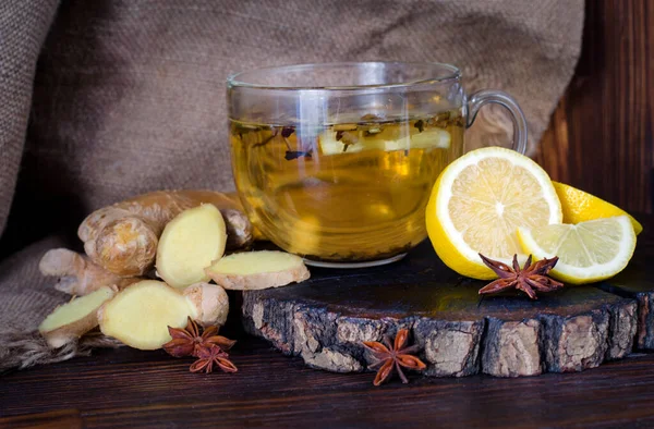 Healing Herbal Tea Cup Lemon Honey Ginger Dark Background — Stock Photo, Image