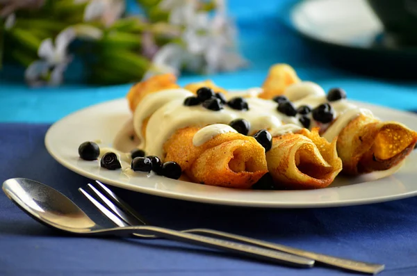 Pannkakor med keso och blåbär — Stockfoto