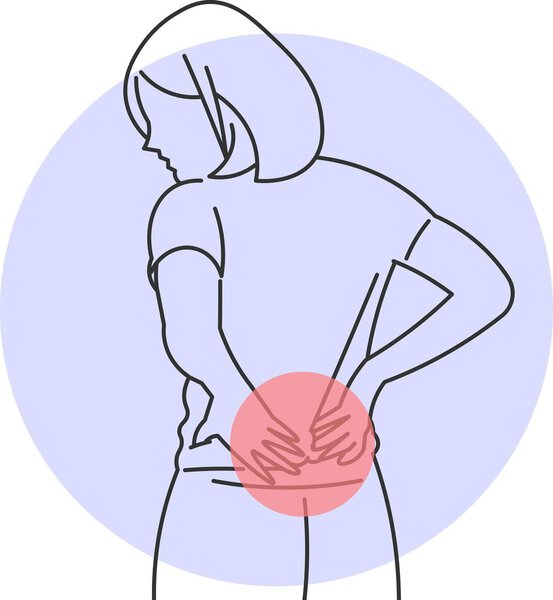 Векторная иллюстрация женщины с сильными болями в пояснице, указывающая на напряжение и дискомфорт в спине