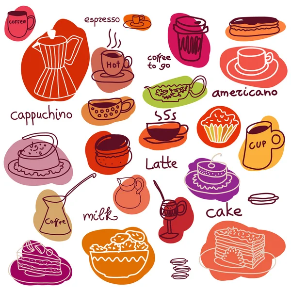 Coffee cups and sweet cakes and macaroons set. — Stock Vector