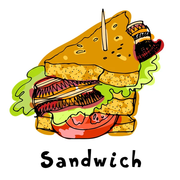 Sandwich pintado con pan de tomate jamón tocino lechuga . — Vector de stock