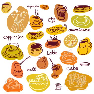 Coffee cups and sweet cakes and macaroons set. clipart