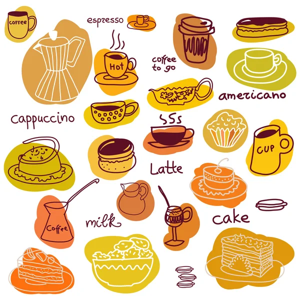 Кофейные чашки и сладкие пирожные и печенье набор . — стоковый вектор