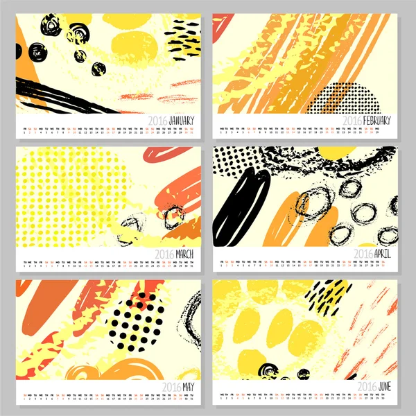 Kalender 2016. Vorlagen mit handgezeichneten Texturen aus Tusche — Stockvektor
