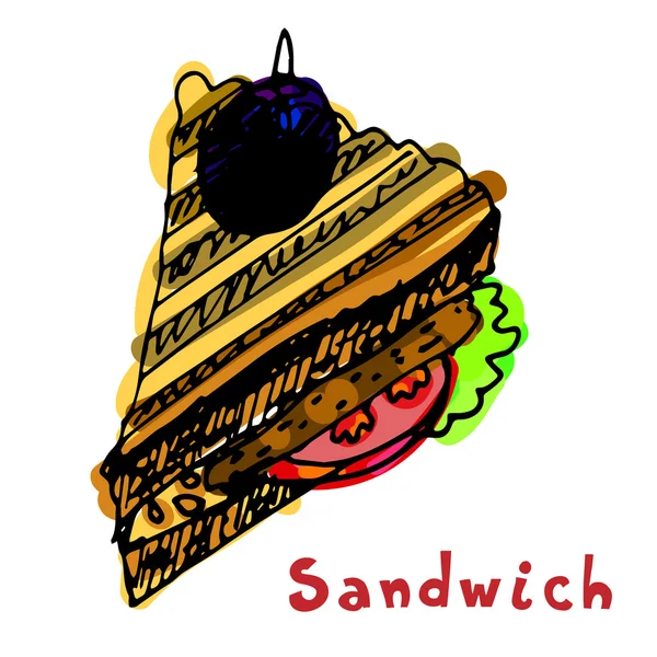 Sandwich pintado con pan, tomate, chuleta, chuleta, empanada, albóndiga — Vector de stock